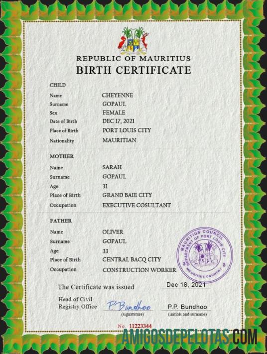 Para baixar modelo PSD de certidão de nascimento de registro vital de Maurício